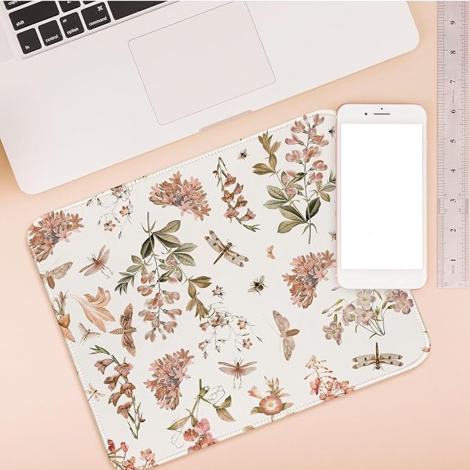 Floral Fall Mouse Pad Brown Red Boho Small Mousepad, Autumn Insect Mouse Pads for Laptop Desk, Flower Cute Mouse Pad for Computers Aesthetic Fall Office Desk Accessories for Women 11.8x9.8
