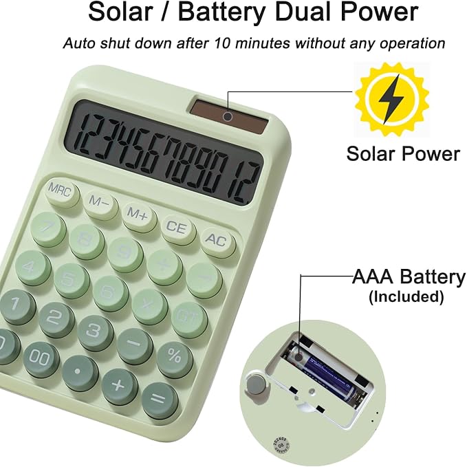 Desk Calculator, Merchanical Big Buttons,12 Digits Large LCD Display Calculadora, Solar and Battery Dual Power, Battery Include, Cute Basic Calculator for School,Office,Home,Business (Green)