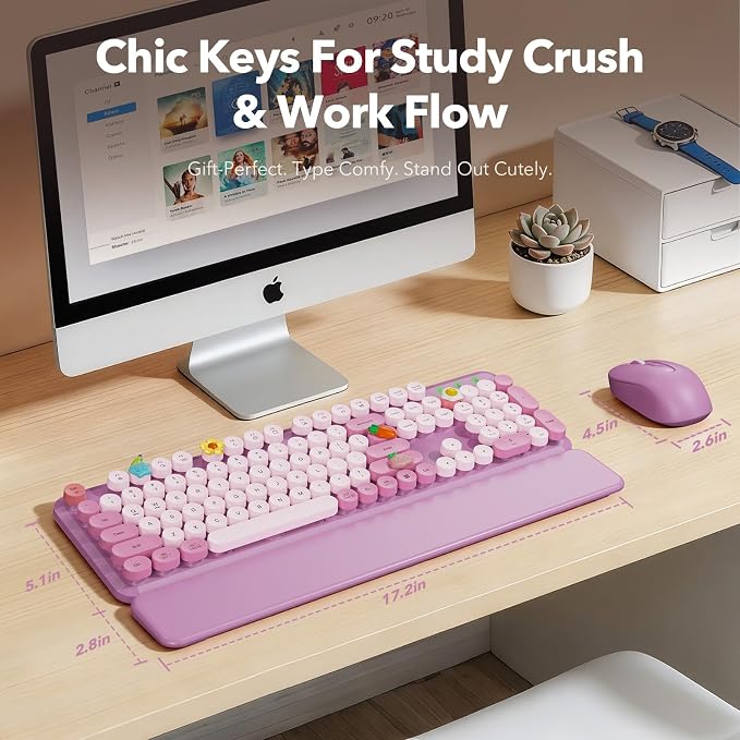 Wireless Keyboard and Mouse Combo, Round Keycaps, Full-Size Retro Typewriter Keyboard with Magnetic Wrist Rest, Tilt Legs, 2.4GHz Cordless Connection for Mac/Windows/PC, SABLUTE CK23, Lavender Purple | Full-Size Typewriter-Style Keyboard, Tilt Legs, 2....