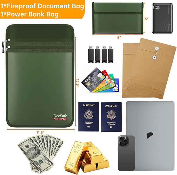 DocSafe Fireproof Document Bag (5200℉) with Fireproof Organizer Travel Case,Heat Insulated Fire＆Water Resistant 8 Layers Safe Money Bag Storage for Important Documents,Cash,Power Bank,Valuables,Green