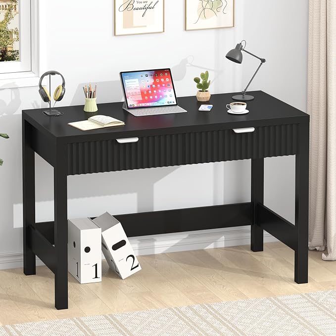 39 Inch Small Fluted Computer Desk with 2 Drawers for Bedroom, Home Office | Small Computer Desk with Storage, Compact Writing Study Desk for Small Spaces, Black