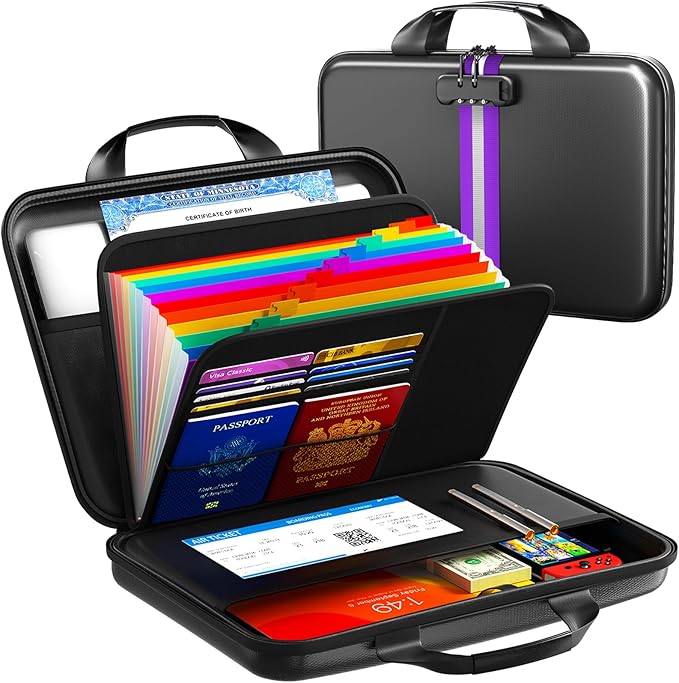 Fireproof Accordion File Organizer with Lock,Hard-Shell Fireproof Document Box with 13 Pockets for Certificates, Passports Laptop Important Documents Portable Home Office Travel Safe Storage