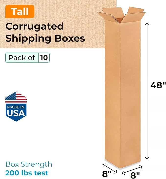 Tall Moving & Shipping Boxes 8x8x48 inches (10-Pack) - Extra Strength 200 lb vs Regular - USA-Made Corrugated Moving Boxes for USPS/UPS/FEDEX - Packing Box - Moving Cardboard Box by IDL Packaging