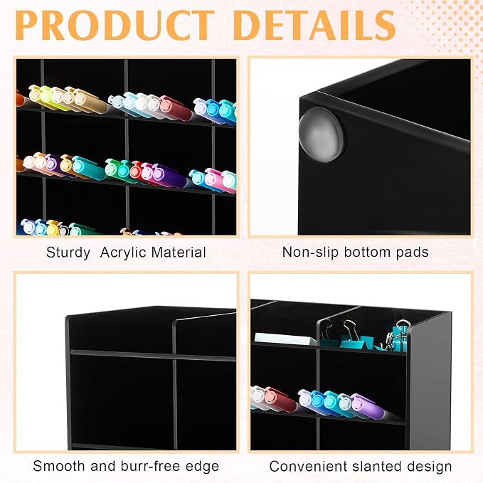 MotiMind Acrylic Pen Organizer Storage for 200 Markers Vertical Marker Organizer Acrylic Pen Display Holder for Office Desk Desktop Stationery Pencil Storage, Black, 13 x 4 x 10.2 Inch