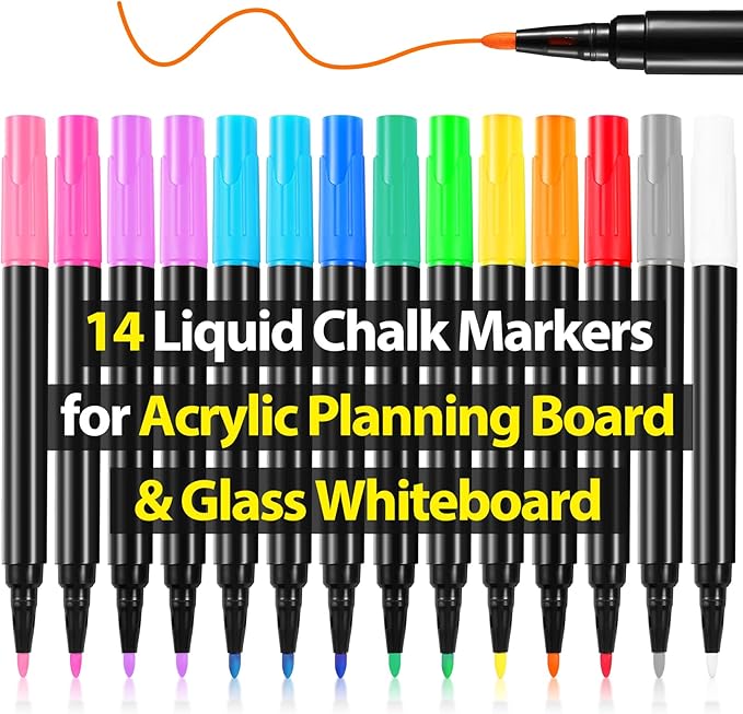 Liquid Chalk Markers for LED Drawing Note Board Acrylic Calendar Planning Board Clear Glass Dry Erase Whiteboard Window Mirror Christmas Holidays Painting, 14 Pack, 12 Vibrant Colors, 1mm Fine Points