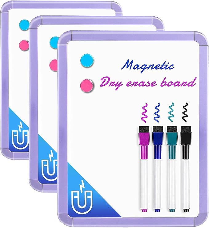VUSIGN Small White Board Dry Erase, 8.5'' x 11'' Magnetic Dry Erase Board, Mini Whiteboard with Markers for Fridge, Wall, Locker, Purple (Pack of 3)