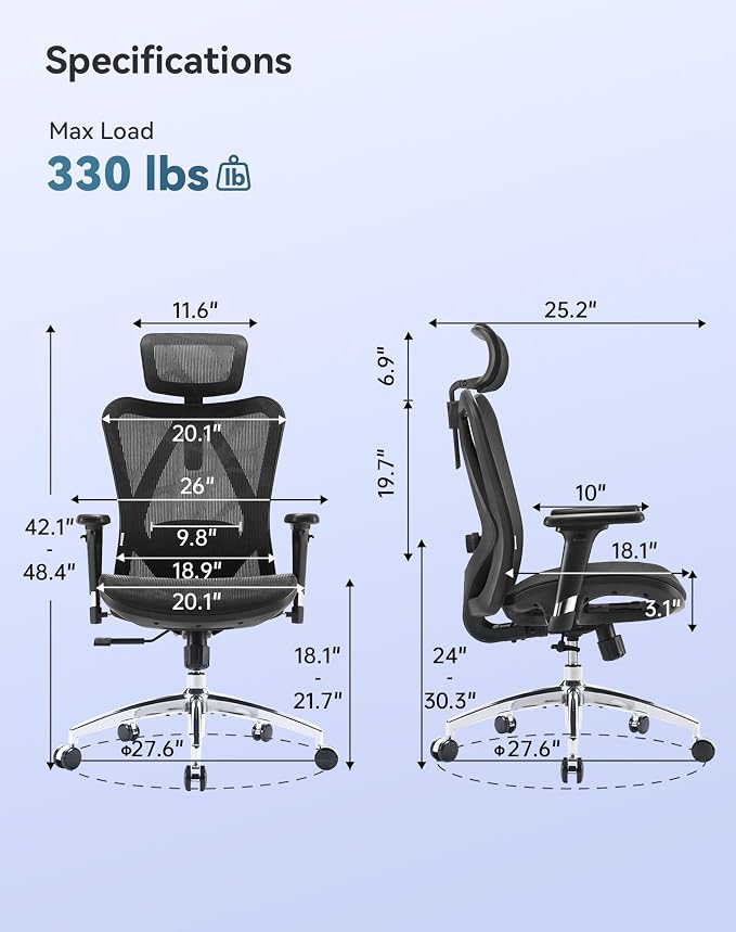 SIHOO M57 Ergonomic Office Chair, Mesh Back Desk Chair with 3D Armrests | Lumbar Support & Adjustable Headrest, Comfortable Computer Chair, Office Chair Hold 330 LBS, Home Office - Black