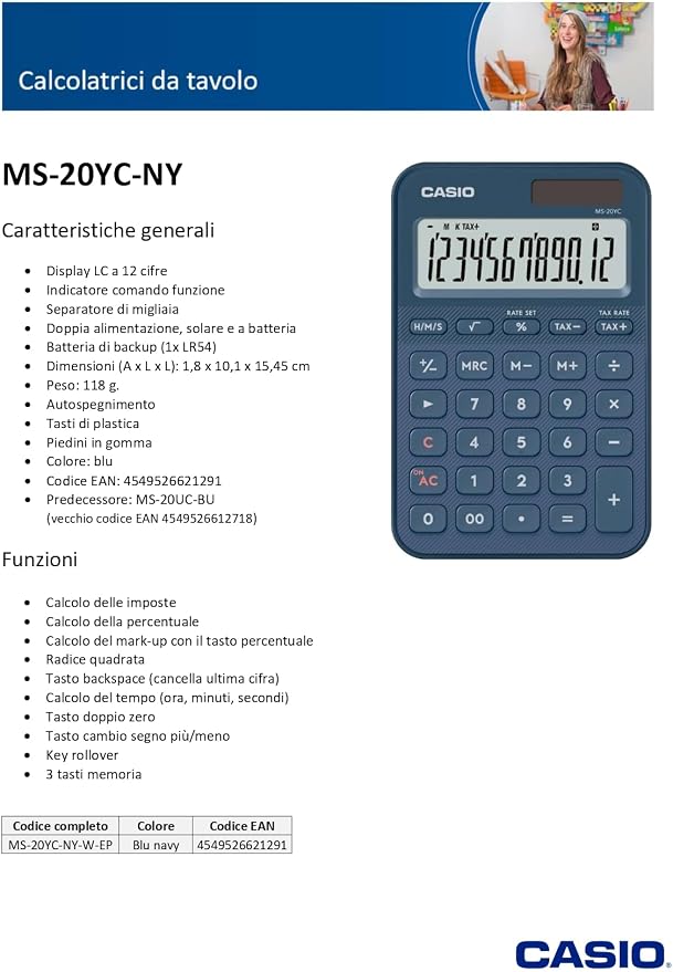 CASIO MS-20YC small desktop calculator with time calculation, navy blue
