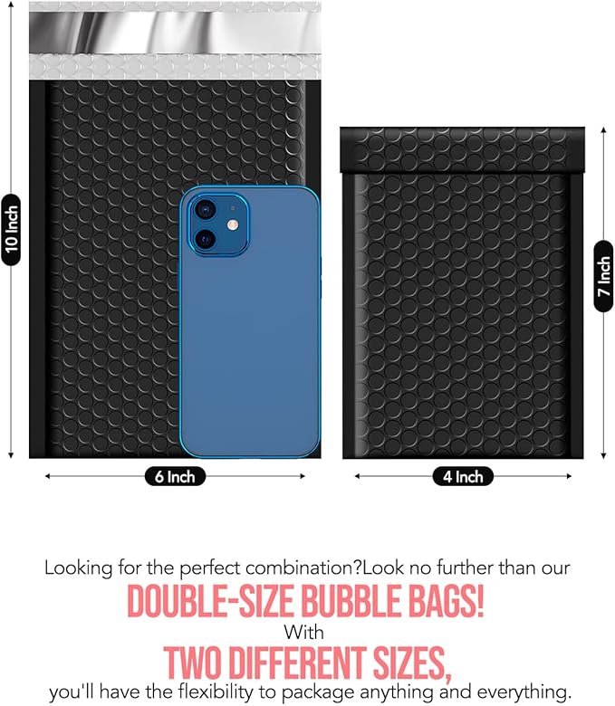 GSSUSA Bubble Mailer 100 Pack Small Padded Envelope with 4x8'' & 6x10'' Strong Adhesion Cute Padded Mailer,Self-Seal Bubble Envelope Mailing for Small Business, Black Bubble Mailers Shipping Envelopes
