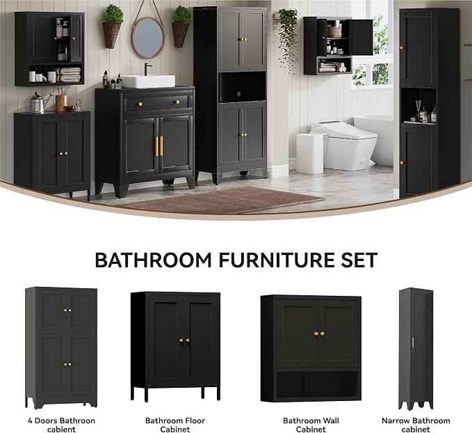 YAUWOH Bathroom Floor Cabinet, Metal Storage Cabinet with 2 Adjustable Shelves & 4 Doors,Freestanding Sideboard for Dining Room,Living Room, Home Office(1PC,Black)