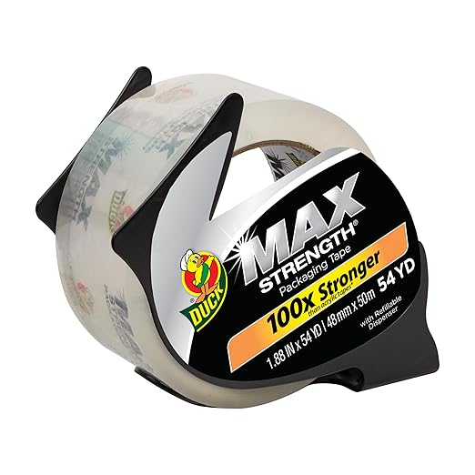 Duck Max Strength Clear Packing Tape with Dispenser - Maximum Strength Heavy Duty Packaging Tape for Shipping & Moving Boxes - 3" Core - 1.88 Inch x 54.6 Yards - Clear (284982)