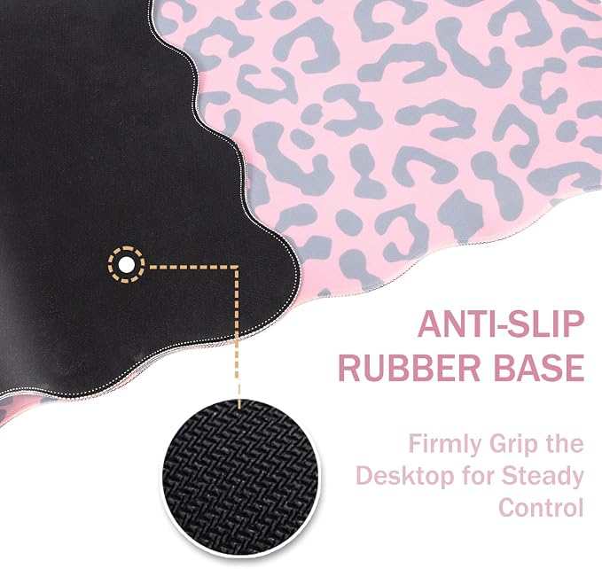 L-SPOUTTO Pink Leopard Mouse Pad,Scalloped Desk Mat XXL Large Cheetah Gaming Mousepad,35.4x15.7in Non-Slip Rubber Base Keyboard Pad Waterproof Desktop Mat for Laptop Computer Game Home Office