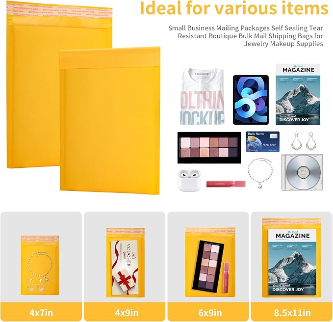Kraft Bubble Mailers 50 Pack, 9"x12.5" External Dimension, Usable Size 8.5x11" Thick Bubble Envelopes Waterproof Cushioned Padded Mailers Shipping Packaging for Small Business Yellow #000