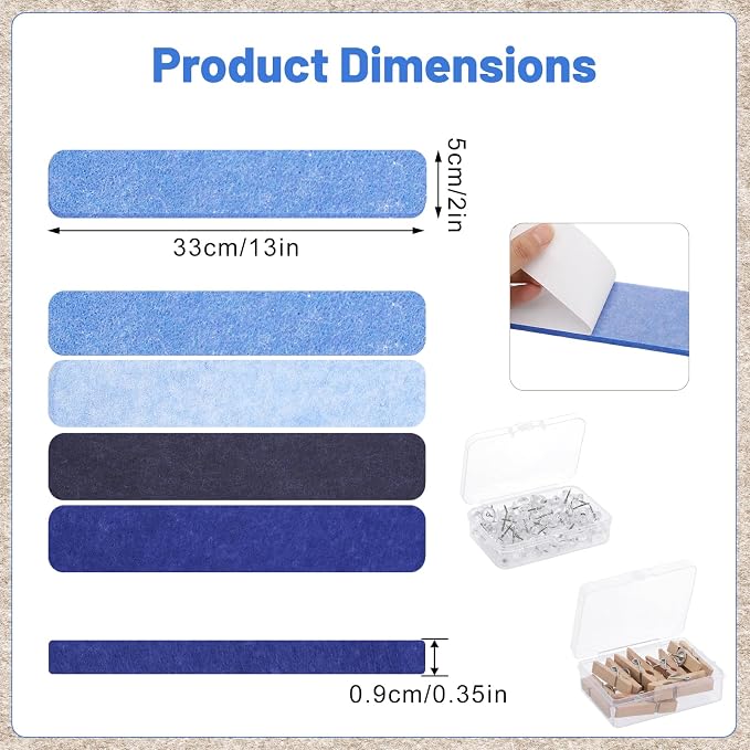 8 Pack Felt Bulletin Board Strips, 13x2 Inch Pin Board, Cork Boards | Self Adhesive, Includes 50 Pushpins and 10 Wooden Clips Push Pins, for Walls Home School Office Decor (Serene Blue Mist)