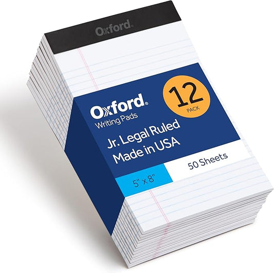 Oxford Legal Pads, 12 Pack, Note Pads, 50 Legal Ruled 5" x 8" Sheets, Bright White Paper with Firm Back, Small Portable Notepads, Proudly Made in the USA
