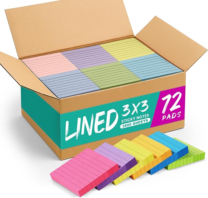 Taja Lined Sticky Notes, 72 Pads, 3 x 3 Inches, 50 Sheets/Pad, Bright | Bulk Sticky Notes with Lines for Office, Study & Daily Organization, Self-Stick Note Pads for Notes and Reminders