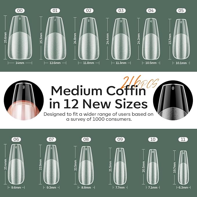 modelonesn X Nail Gel Kit Kit Medium Coffin, 9-in-One Nail Glue with Portable U V Lamp 216Pcs 12Sizes Pre-Etched Press ons Fake Acrylic Extension Kit DIY Salon Gift for Women
