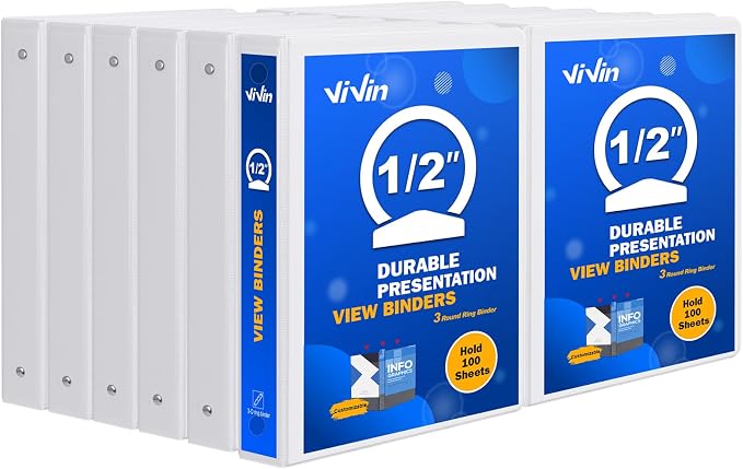 ViVin 1/2 Inch Binders 3 Ring, Half Inch Binder, 12 Pack, White | Sturdy, 2 Interior Pockets, Clear View Cover, PVC-Free, Fits 100 Sheets of 8.5'' x 11'' Paper, Office Home School use