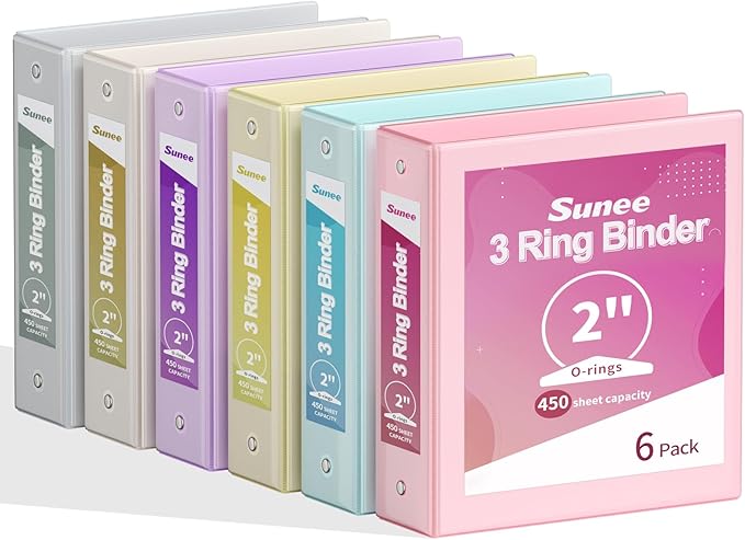 SUNEE 2 Inch Binders 3 Ring 6 Pack, Clear View Three Ring 2" Binders PVC-Free (Fit 8.5x11 Inches) for School or Office Supplies, Pastel 6 Colors
