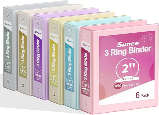 SUNEE 2 Inch Binders 3 Ring 6 Pack, Clear View Three Ring 2" Binders PVC-Free (Fit 8.5x11 Inches) for School or Office Supplies, Pastel 6 Colors