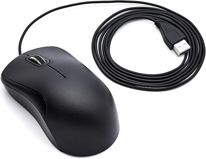 Amazon Basics 3-Button USB Wired Mouse with Precision Scroll Wheel, 1000 DPI, Ergonomic Grip, Plug and Play, 6-foot Cable, Black