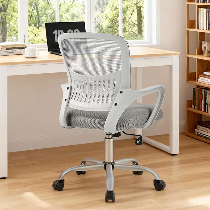 Sweetcrispy Computer Desk Chair, Mesh Office Chair, Lumbar Support, Grey | Ergonomic Mid-Back, Adjustable Height, 360° Swivel Wheels, Comfy Arms, Bedroom Study, Managerial Executive