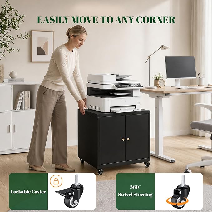 23.6" H Metal Printer Cabinet with Storage & Adjustable Shelf | Large Rolling Printer Stand, Heavy Duty Steel Printer Cart for Home Office, Workspace Organization & Office Supplies, Black
