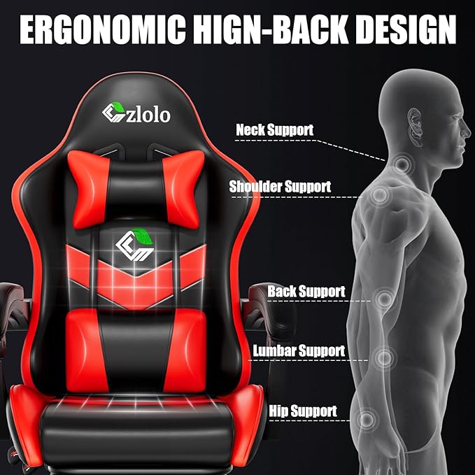 Gaming Chair, Ergonomic Office Computer Chair with Footrest and Lumbar Support Massager Racing Style High Back Video Gamer Chair, Wide＆Thick Cushion, 90°-135° Recline, Adjustable Height, Red
