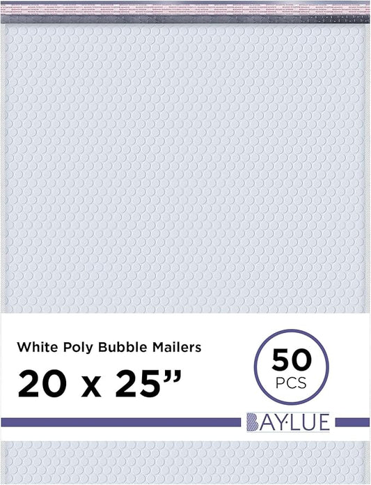 White Poly Bubble Mailers 20x25 Inch #10 | Self Seal Large Padded Envelopes | Air Cushioned Bubble Mailer | Usable Size 20x24 Inch | Waterproof Lightweight Mailing Shipping Bags | 50 Pack