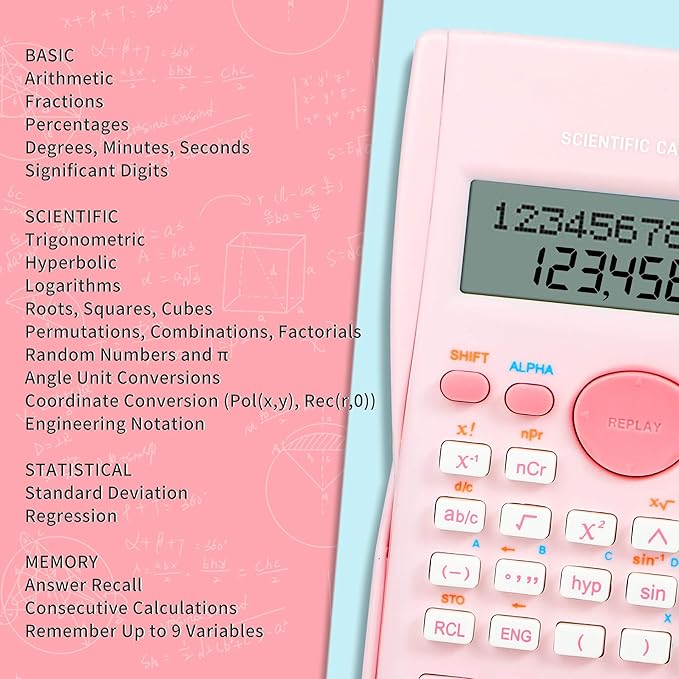 Scientific Calculator, 2 Line Cute Scientific Math Calculator Function Calculator for Students Algebra Geometry Basic Caculator for Middle and High School Students College School Supplies (Pink)