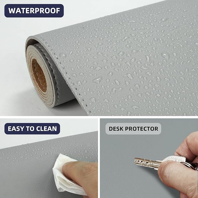 AFIING Leather Desk Pad Protector, 47" x 17" Large Desk Mat with Natural Cork & PU Leather, Mouse Pad, Non-Slip, Waterproof Desk Writing Pad for Office and Home (Light Gray)