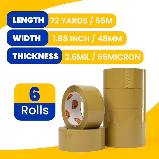 TAPEBEAR Low Noise Brown Packing Tape 72Yards Extra Length 1.88Inch-Wide | Packaging Tape Refills, Secure Sticky Brown Tape 2.6Mil Heavy Duty for Moving, Shipping, Sealing, 6Rolls Total 432Yards