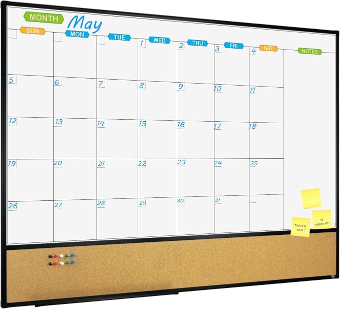 Magnetic Calendar Whiteboard & Bulletin Corkboard Combination, Combo Board 48 x 36 Inch, Black Aluminum Frame Wall Mounted Board for Office Home and School with 10 Push Pins