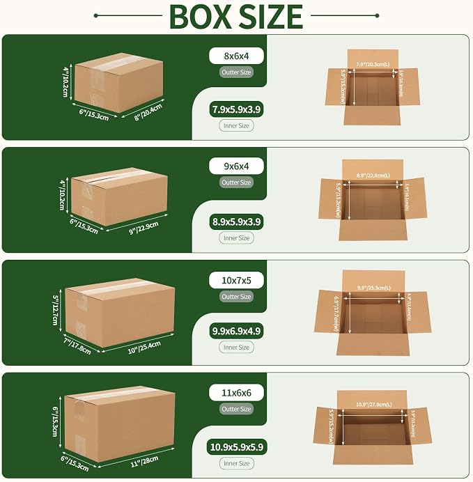 CRUGLA Assorted Sizes Shipping Boxes 20 Pack (11x6x6, 10x7x5, 9x6x4, 8x6x4), Corrugated Cardboard Mailers, Each 5 PCS Small Boxes for Small Business Packaging, Shipping & Storage