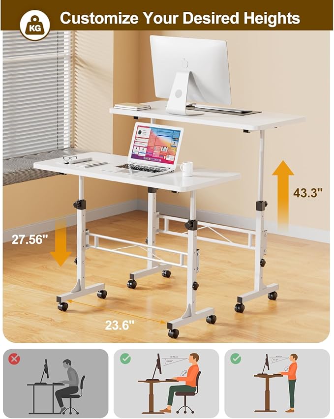 Small Standing Desk Adjustable Height, Mobile Stand Up Desk with Wheels, 32 Inch Portable Rolling Desks Conference Room Tables for Walking Pad Treadmill White