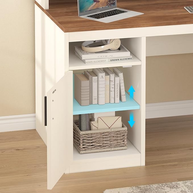 65" Computer Desk with 3 Drawers & Printer Shelf for Home Office | Office Desk with Printer Shelf & File Drawer, Executive Desk Writing Study Table with Monitor Stand, Brown & White