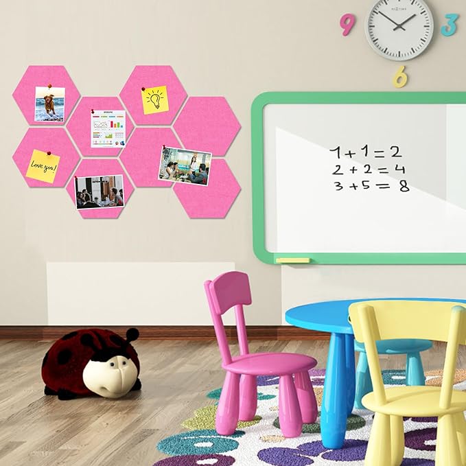 Large Hexagon Felt Cork Board Tiles, Self Adhesive DIY Felt Bulletin Board Pin Board with 35 Pushpins for Office School Home Wall Decor Stickers Memos Photos Display(Pink)