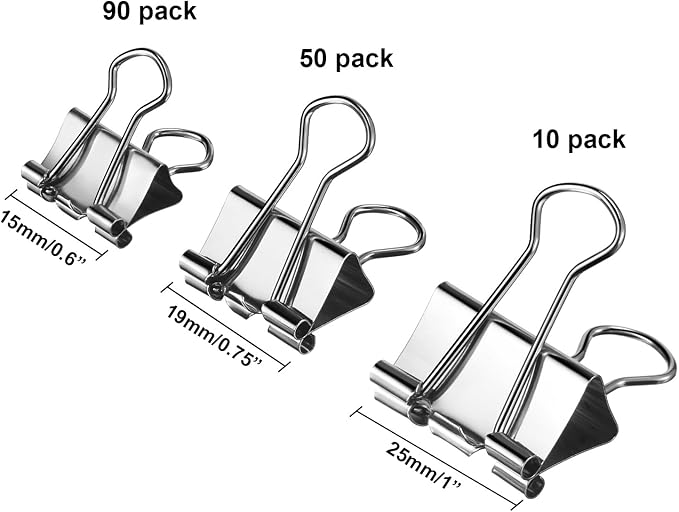 TecUnite 150 Pcs Silver Binder Clips Assorted Sizes | 3 Sizes Metal Small Binder Paper Clips for Office Home School Supplies, 1 in, 0.75 in, 0.60 in