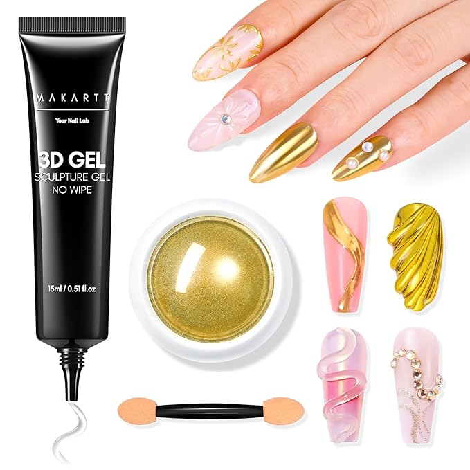 Makartt 3D Gel Nail Art with Gold Chrome Nail Powder Kit: Clear Molding Gel for Nail Art 15g Sculpting Glue Polish and Metallic Effect Mirror Powder Set for Nail Decoration Manicure Charms
