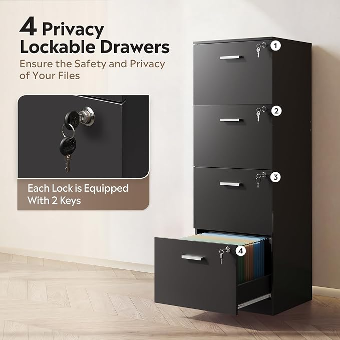 DEVAISE 4 Drawer Vertical File Cabinet, Wood Filing Cabinet with Lock | Home Office File Storage Cabinet for Letter and A4 Size, Printer Stand, Black