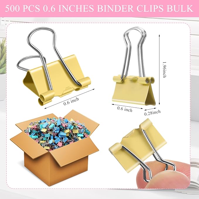 Jetec 500 Pcs Colorful 0.6 Inch Binder Clip Paper Clamp Metal Paper Clip | for Teachers Students Classroom Business Office and School Office Supplies