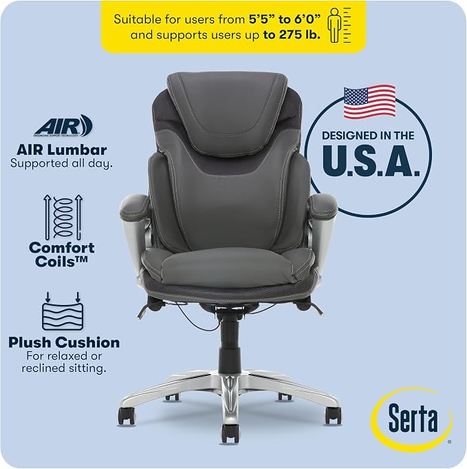 Serta Bryce Executive Office Chair - Ergonomic Computer Desk Chair with Patented AIR Lumbar Technology - Adjustable Height - Memory Foam Body Pillows - 360° Swivel Rolling Base - Bonded Leather - Gray