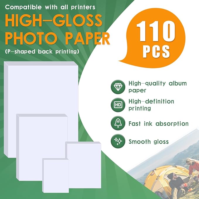 Lokunn 110 Sheets Photo Paper Glossy, Photo Paper 3.5 * 5, 4x6, 5x7, 8.5x11 inch, Suitable for Dye Inkjet Printers. Convenient for Home Use. Can Print Photos, Advertising Covers, Recipe Cards