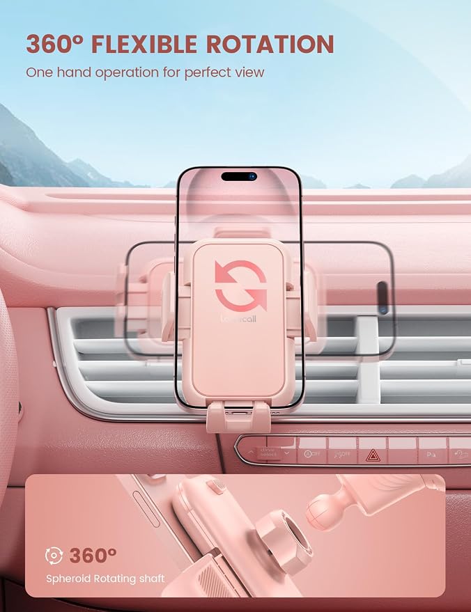 Lamicall 2026 Wider Clamp & Metal Hook Car Phone Holder Vent Accessories | Thick Cases Friendly Phone Holders for Your Car Mount Hands Free for Women Men Gift for iPhone 17 16 15 14 13 12 Pro Max Pink