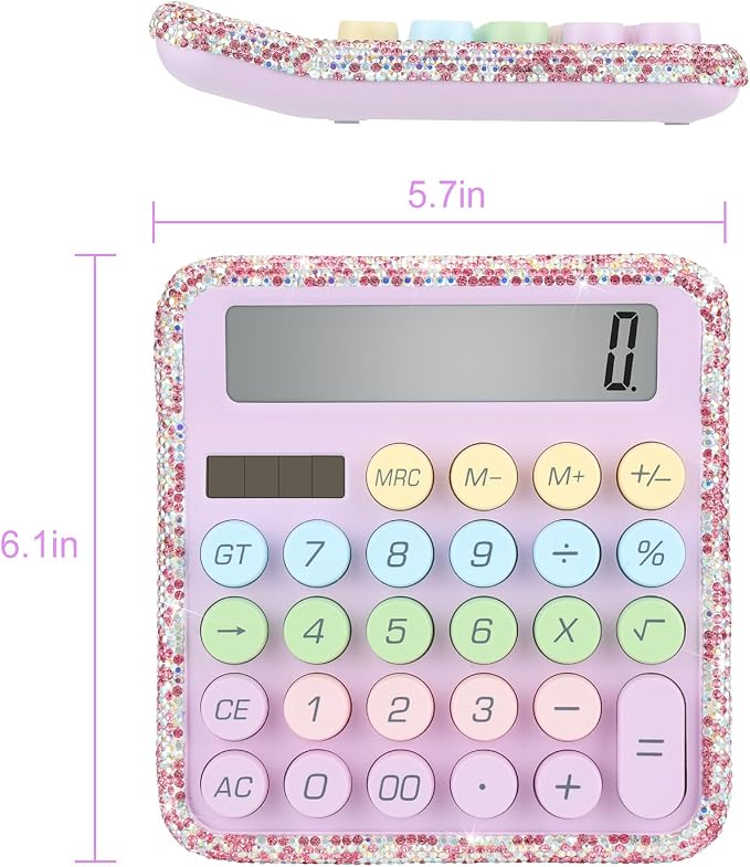 Bling Crystal Colorful Standard Calculator with 12 Digit Display and Big Buttons,Suitable for Office,School,Home & Business Use (Pink)