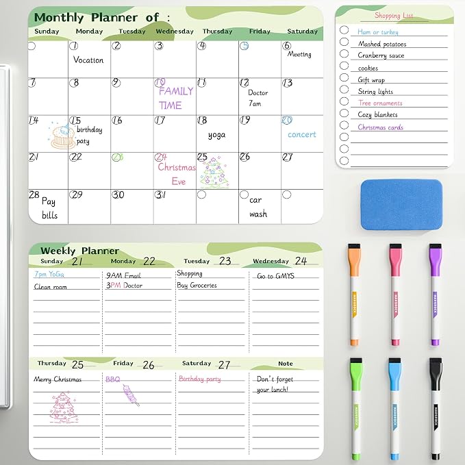 Dry Erase Magnetic Calendar for Refrigerator (3 Pack) - Monthly & Weekly & Daily Planner Magnet Whiteboard for Fridge - Shopping, To Do List, Meal/Menu, Schedule Planning Board,14"x11", Green