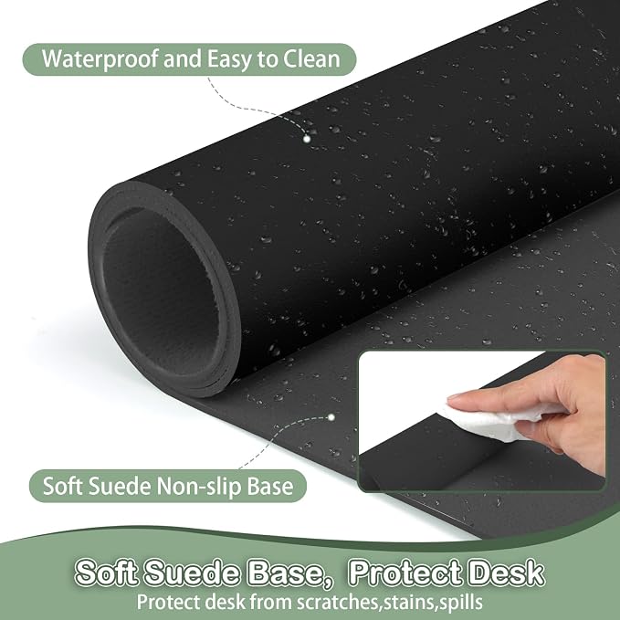 Boutilon Leather Desk Pad Protector,Non-Slip Mouse Pad,Laptop Desk Pad,Office Mouse Mat,Waterproof Leather Desk Blotter,Desk Writing Pad for Office and Home (XXXL-Black,47"x 24")