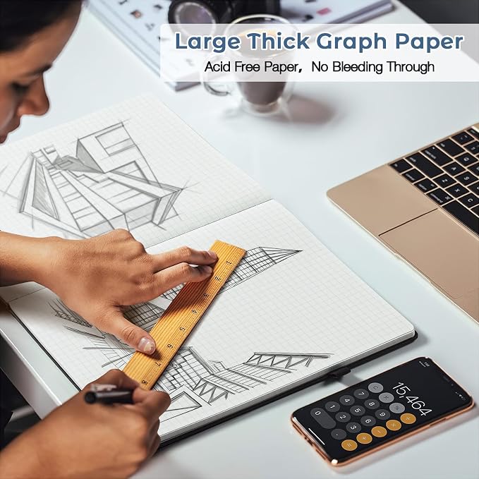 Graph Paper Notebook,Large 8.5 x 11 Hardcover Leather Journal for Women Men | 3 Pack Grid Notebook Journal for Work School Supplies, Lay Flat for Smooth Writing, Journaling, Drawing, Engineering Notes