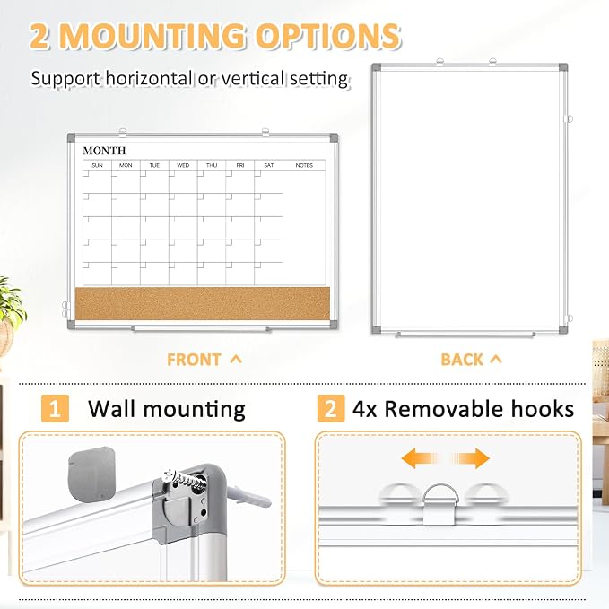 Monthly Dry Erase Calendar Whiteboard with Corkboard, 30" x 20", Silver | Magnetic, White Board Cork Board Combo, Double Sided, Wall Mounted, Aluminum Frame, for Home, Office, Kitchen, Dorm