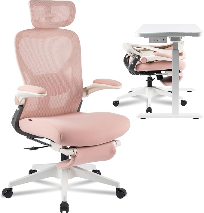 FLEXISPOT Foldex Mesh Ergonomic Office Chair, Folding, Pink | Folding Chair for Small Spaces, Lumbar Support, Flip-up Armrests, 3D Headrest, Footrest, Soft Memory Foam